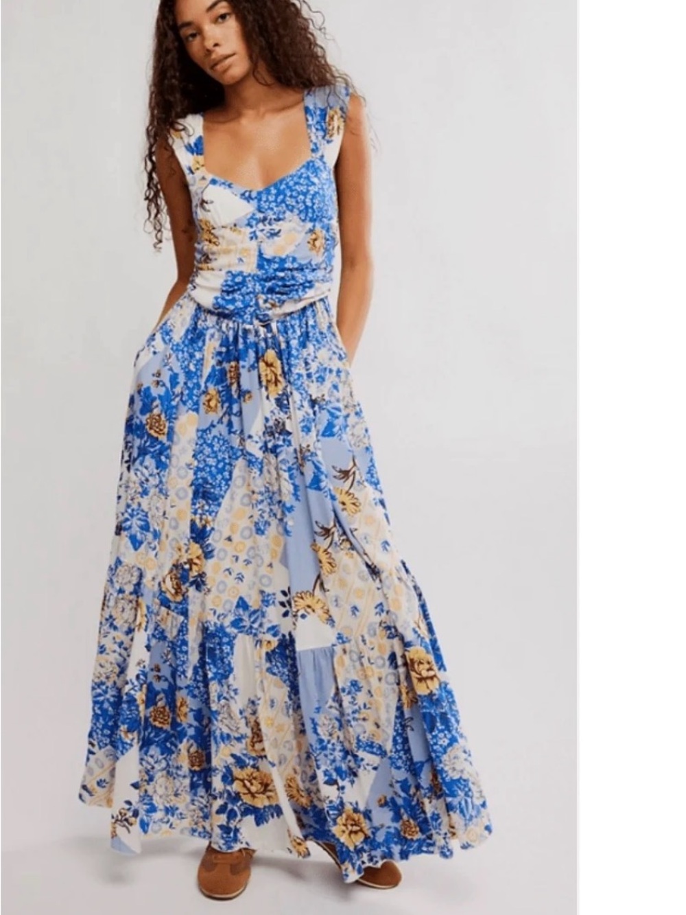 Free People Blue and White Floral Patchwork Maxi Dress